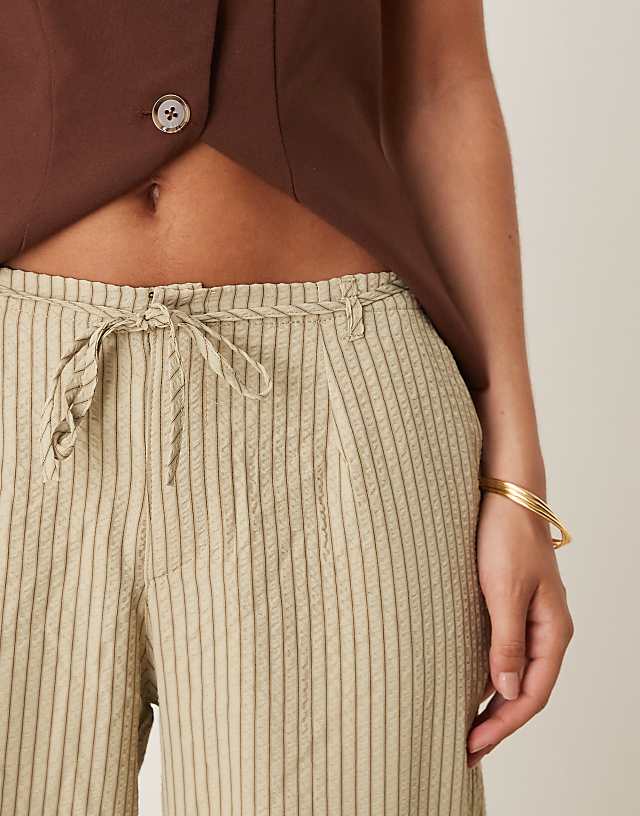 Asos Motel Juria Wide Leg Relaxed Linen Trouser In Neutral Khaki Stripe