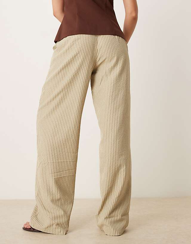 Asos Motel Juria Wide Leg Relaxed Linen Trouser In Neutral Khaki Stripe