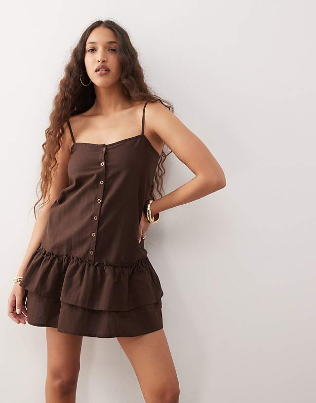 Asos Motel Mailina Button Detail Linen Mini Dress In Brown
