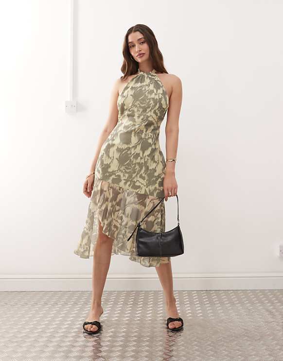 asos Motel tanta halter neck blurred floral print midaxi dress in yellow