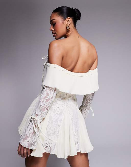 Asos Murci Exclusive Lace Bardot Fit And Flare Godet Detail Mini Dress In Cream