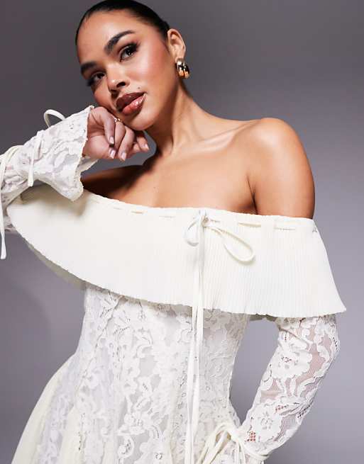 Asos Murci Exclusive Lace Bardot Fit And Flare Godet Detail Mini Dress In Cream