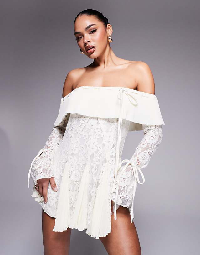 asos Murci exclusive lace bardot fit and flare godet detail mini dress in cream
