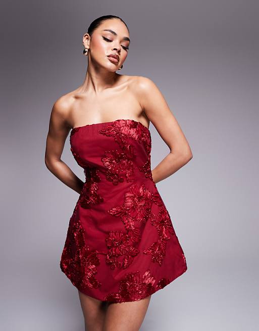 Asos Murci Exclusive Structured Bandeau Mini Dress In Red Flower Applique