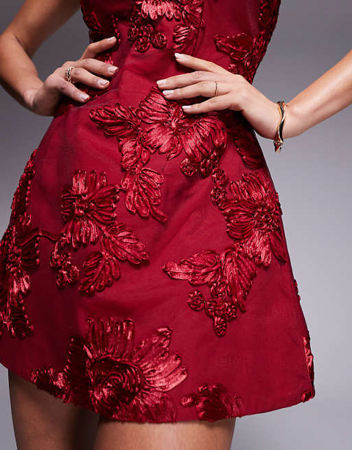Asos Murci Exclusive Structured Bandeau Mini Dress In Red Flower Applique