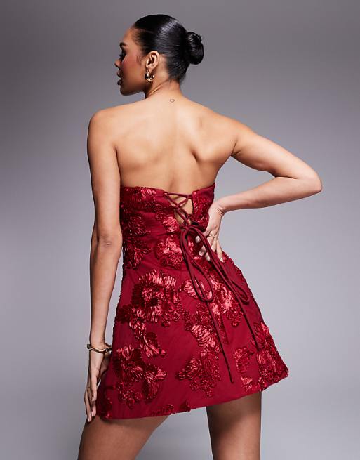 Asos Murci Exclusive Structured Bandeau Mini Dress In Red Flower Applique