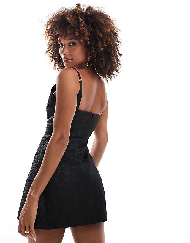 Asos Murci Hook And Eye Plunge Neck A-line Mini Dress In Black Jacquard