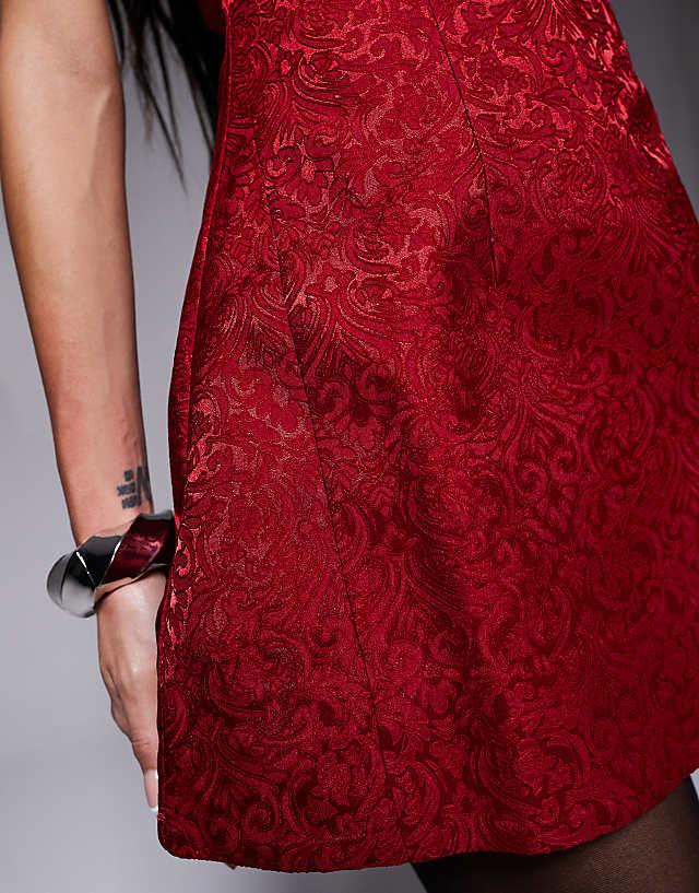Asos Murci Structured Bandeau Flared Mini Dress In Red Jacquard