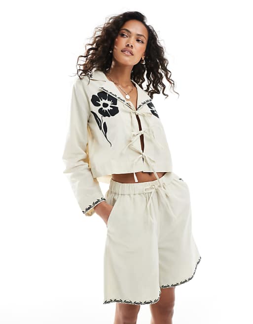 asos Native Youth embroidered edge linen co-ord in stone - STONE
