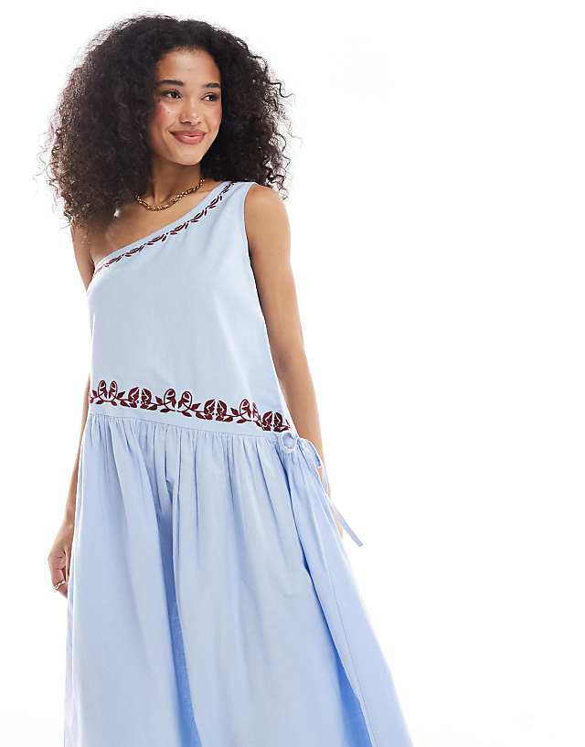 Asos Native Youth Embroidered One Shoulder Linen Midaxi Dress In Sea Blue