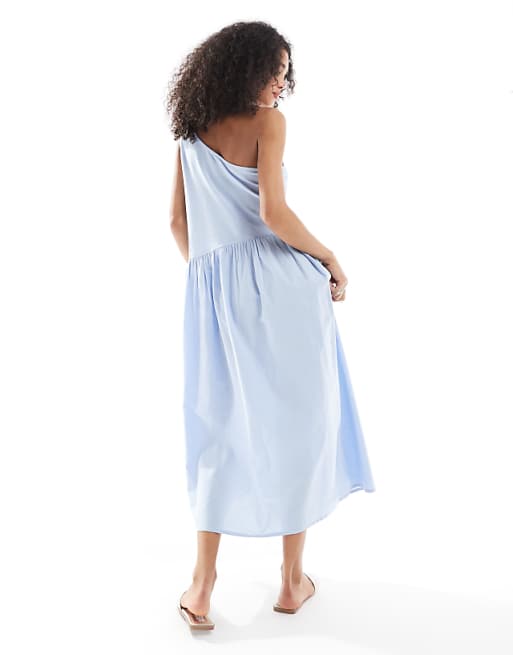 Asos Native Youth Embroidered One Shoulder Linen Midaxi Dress In Sea Blue