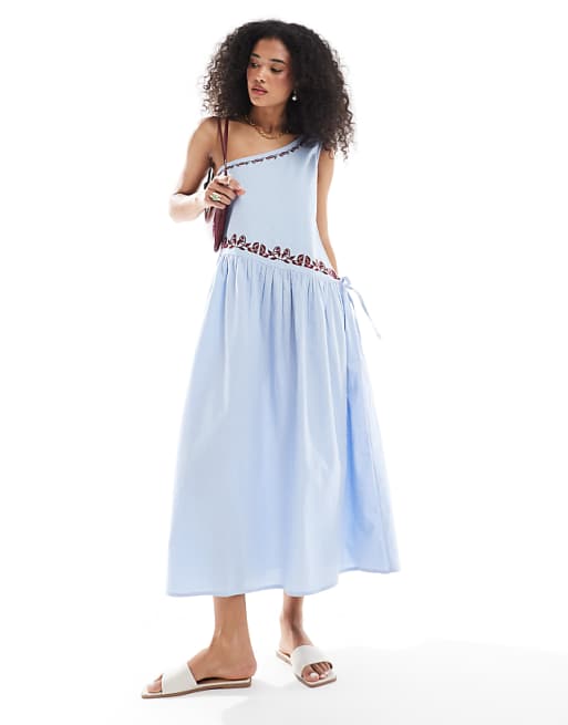 asos Native Youth embroidered one shoulder linen midaxi dress in sea blue