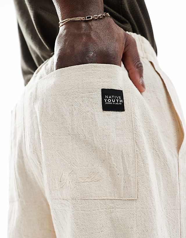 Asos Native Youth Relaxed Linen Trousers With Cornelli Embroidery Co-ord In Cream