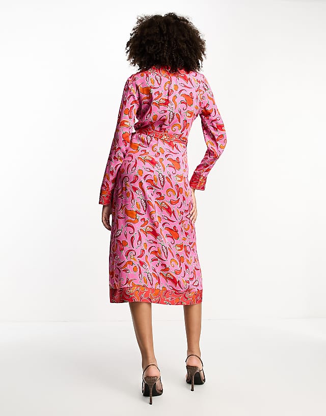 Asos Never Fully Dressed Contrast Wrap Midi Dress In Pink And Red Chilli Print