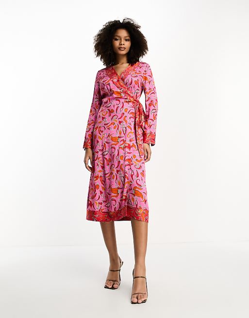 Asos Never Fully Dressed Contrast Wrap Midi Dress In Pink And Red Chilli Print