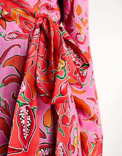 Asos Never Fully Dressed Contrast Wrap Midi Dress In Pink And Red Chilli Print