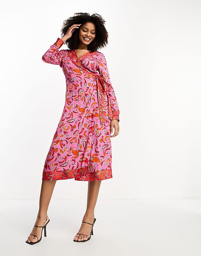 asos Never Fully Dressed contrast wrap midi dress in pink and red chilli print