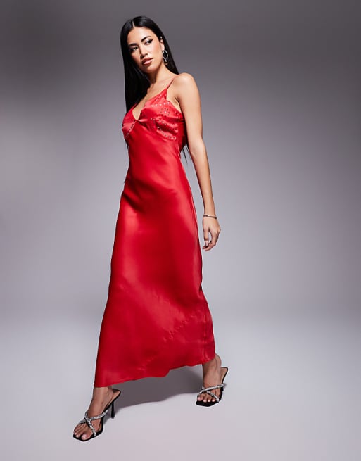 asos Never Fully Dressed embellished hotfix satin maxi dress in red