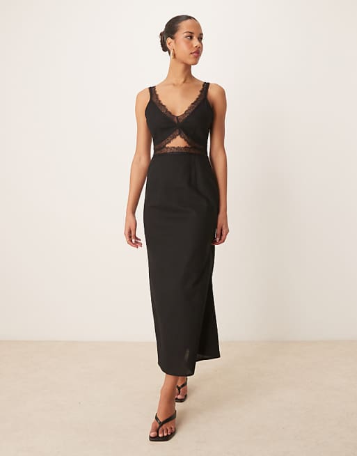Asos Never Fully Dressed Mimi Linen Cut-out Midaxi Dress In Black