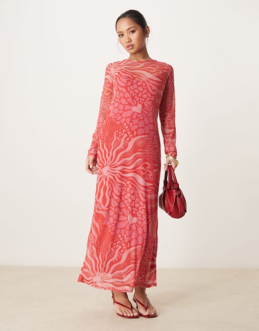 Asos Never Fully Dressed Petite Long Sleeve Mesh Midaxi Dress In Red And Pink