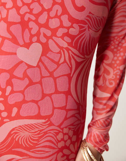 Asos Never Fully Dressed Petite Long Sleeve Mesh Midaxi Dress In Red And Pink