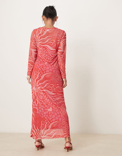 Asos Never Fully Dressed Petite Long Sleeve Mesh Midaxi Dress In Red And Pink