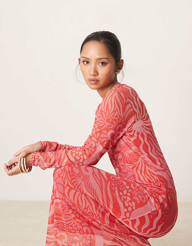 asos Never Fully Dressed Petite long sleeve mesh midaxi dress in red and pink