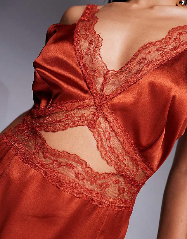 Asos Never Fully Dressed Petite Mimi Lace Cut-out Slip Midaxi Dress In Rust