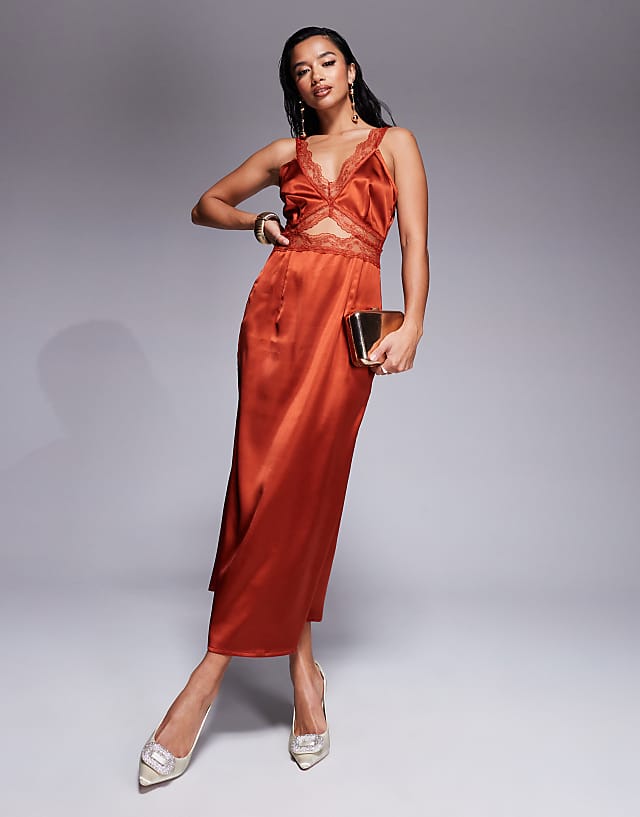 asos Never Fully Dressed Petite Mimi lace cut-out slip midaxi dress in rust