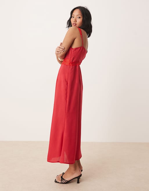 Asos Never Fully Dressed Petite Mimi Linen Cut-out Midaxi Dress In Red