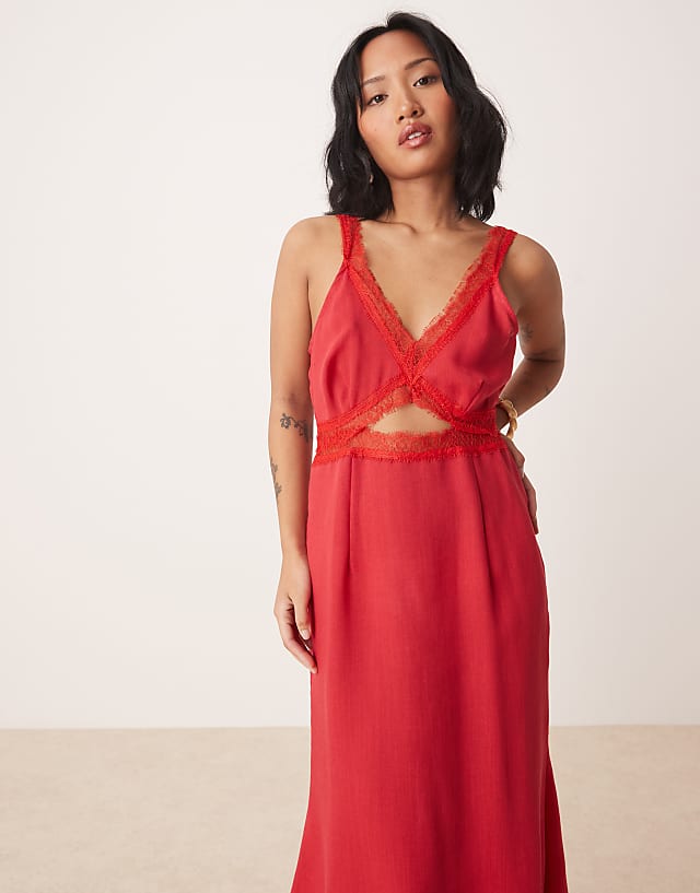 Asos Never Fully Dressed Petite Mimi Linen Cut-out Midaxi Dress In Red