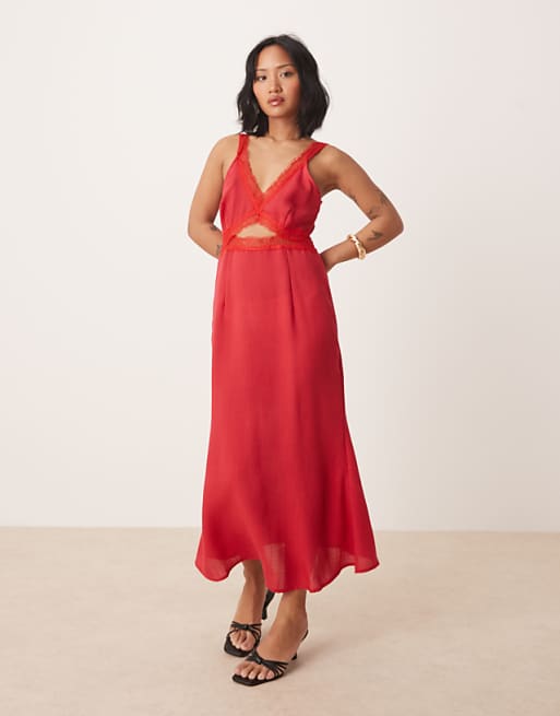 asos Never Fully Dressed Petite Mimi linen cut-out midaxi dress in red