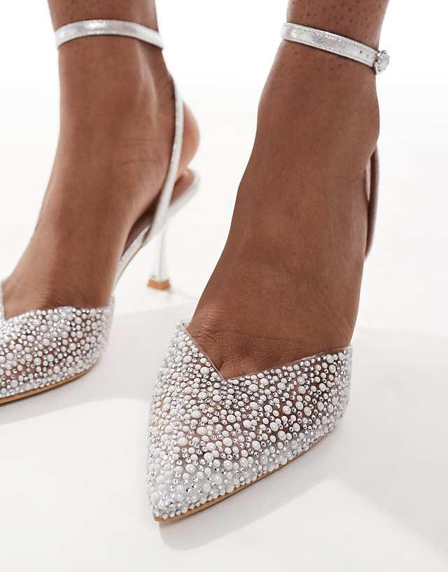 Asos New Look Acrylic Embellished Heeled Court Shoe In Silver