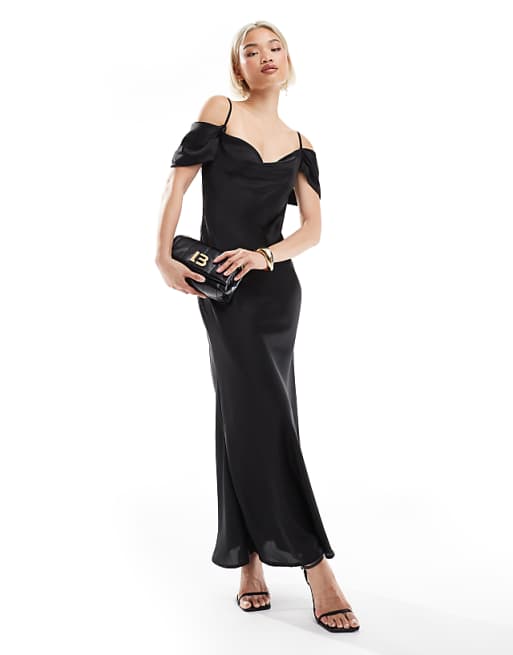 asos New Look bardot sleeve satin midaxi dress in black