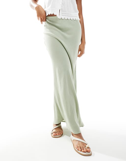 Asos New Look Bias Linen Blend Maxi Skirt In Light Green