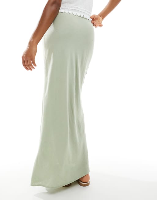 Asos New Look Bias Linen Blend Maxi Skirt In Light Green