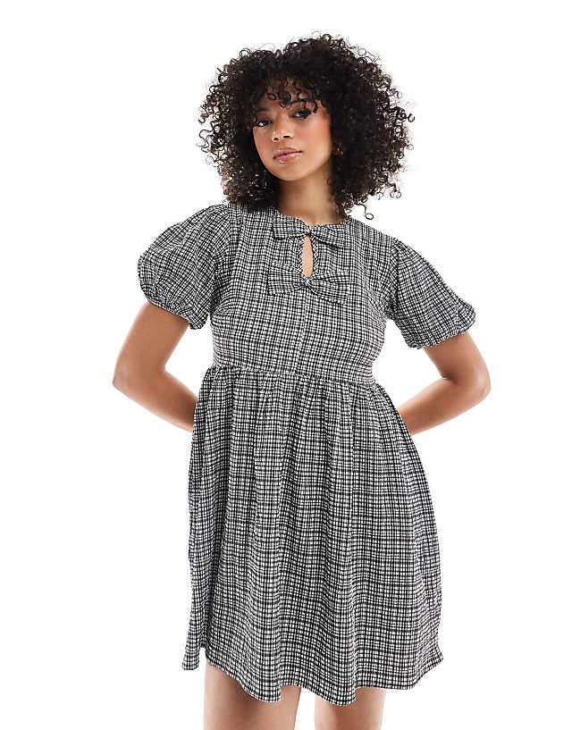 Asos New Look Bow Front Smock Dress In Gingham Print