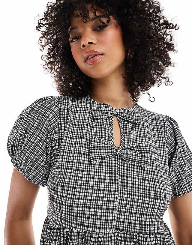 Asos New Look Bow Front Smock Dress In Gingham Print