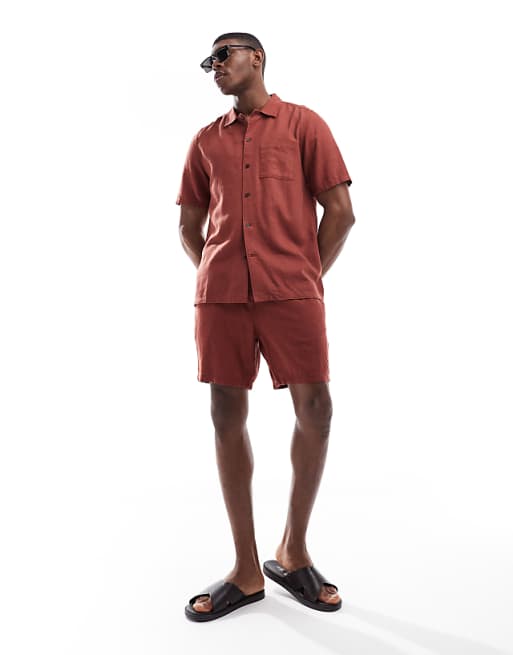 Asos New Look Flat Collar Linen-blend Shirt Co-ord In Rust