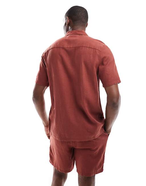 Asos New Look Flat Collar Linen-blend Shirt Co-ord In Rust