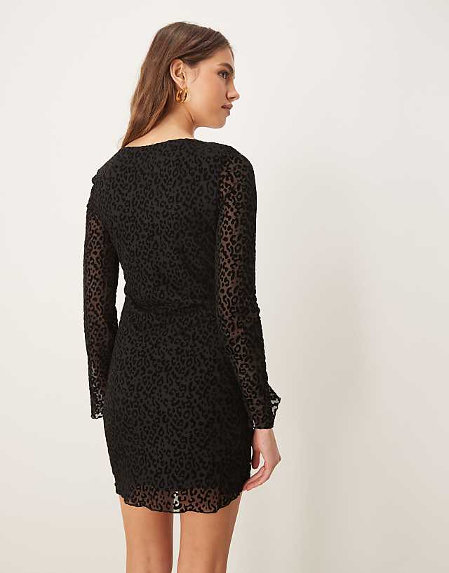 Asos New Look Flocked Leopard Mesh Long Sleeve Mini Dress In Black