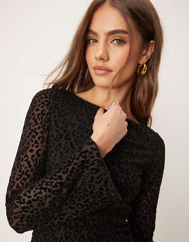 Asos New Look Flocked Leopard Mesh Long Sleeve Mini Dress In Black