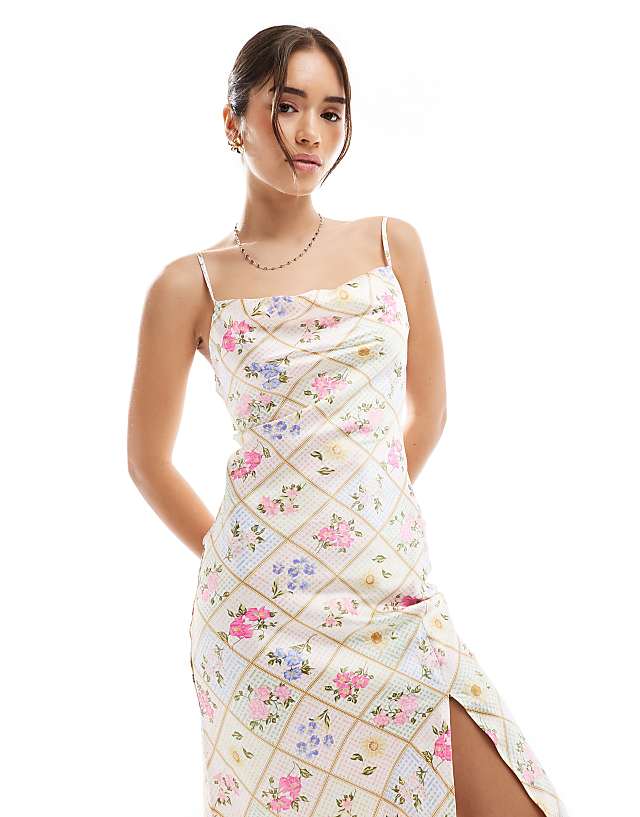 Asos New Look Floral Tile Print Satin Slip Dress In Pink