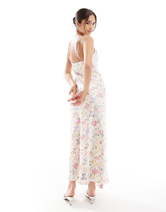 Asos New Look Floral Tile Print Satin Slip Dress In Pink