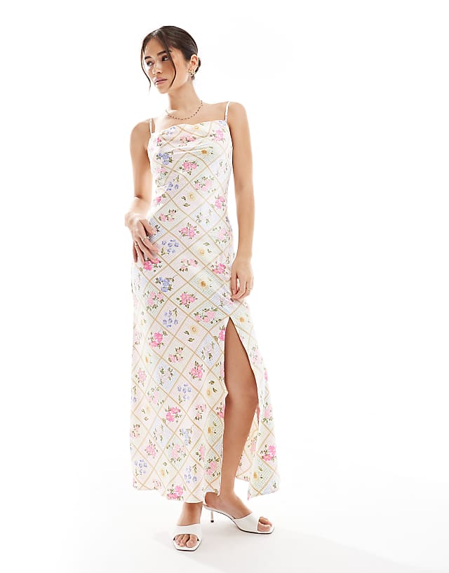 asos New Look floral tile print satin slip dress in pink