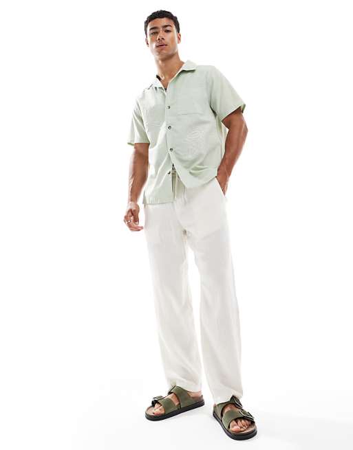Asos New Look Leaf Embroidered Linen Blend Revere Shirt In Sage Green