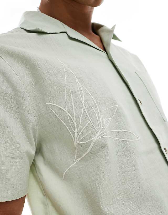 Asos New Look Leaf Embroidered Linen Blend Revere Shirt In Sage Green