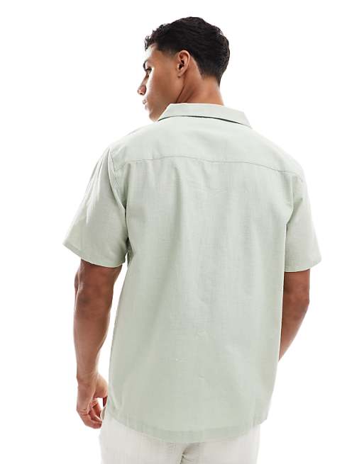 Asos New Look Leaf Embroidered Linen Blend Revere Shirt In Sage Green