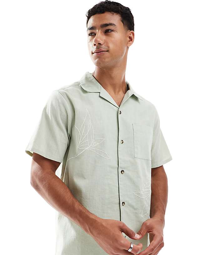 asos New look leaf embroidered linen blend revere shirt in sage green