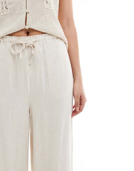 Asos New Look Linen Look Bermuda Wide Leg Trousers In Stone